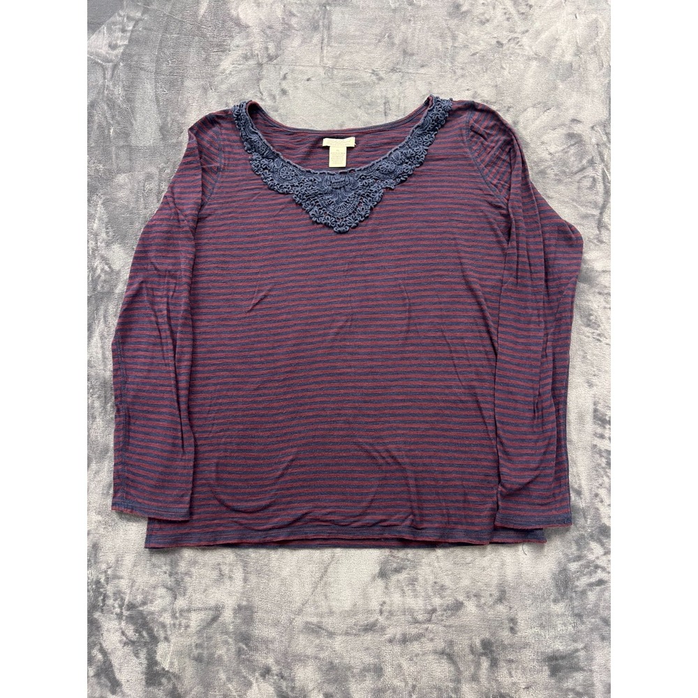 Lucky Brand Top Womens Extra Large Multicolor Striped‎ Cotton Lace Trim Neck